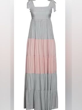 SOALLURE Gray & Blush Mini Stripe Tiered Maxi Sundress with Tie Straps: Size 6